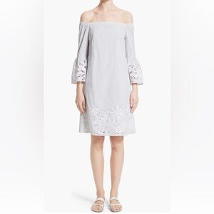 Lafayette 148 Palmira Stripe Off the Shoulder Dress Raindrop Gray White Eyelet S